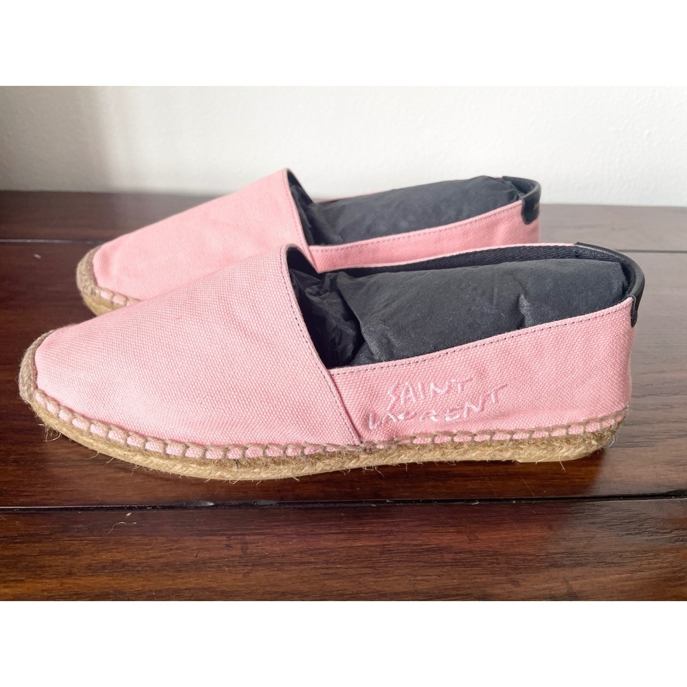 Saint Laurent Women's Pink Canvas Embroidered Flats Loafers Shoes, sz 37.5 - Picture 2 of 10